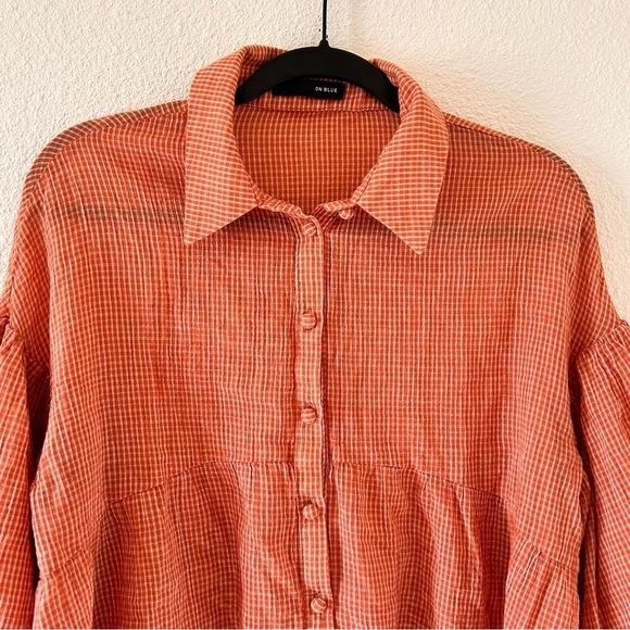 ON BLUE Women Small Boho Bell Sleeve Button Up Cottage Core Oversized Gingham - Picture 3 of 13